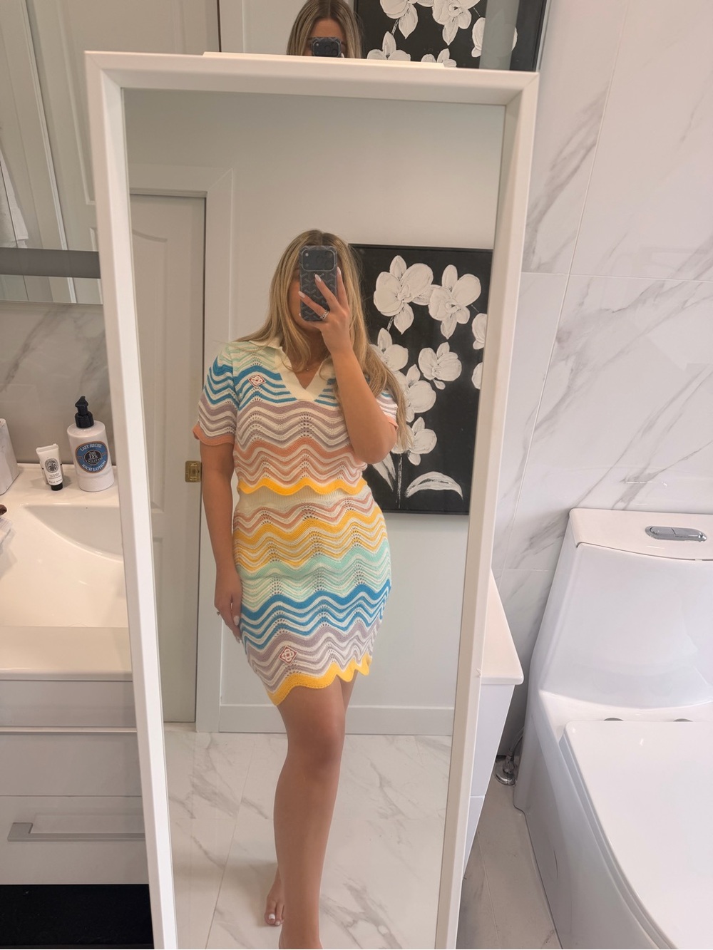 Faux Casablanca Pastel Wave Knit V-Neck Mini Dress - Multicolor